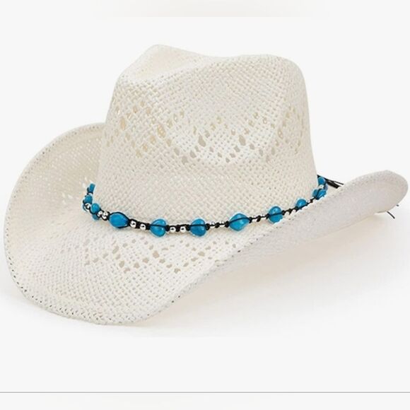 ?NIB White & Turquoise Beaded Straw Cowgirl Hat main image 7